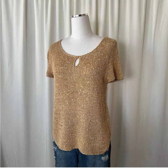 Vintage 1990s Talbots short sleeve knit top silk blend sweater Tan Large. - Picture 2 of 8